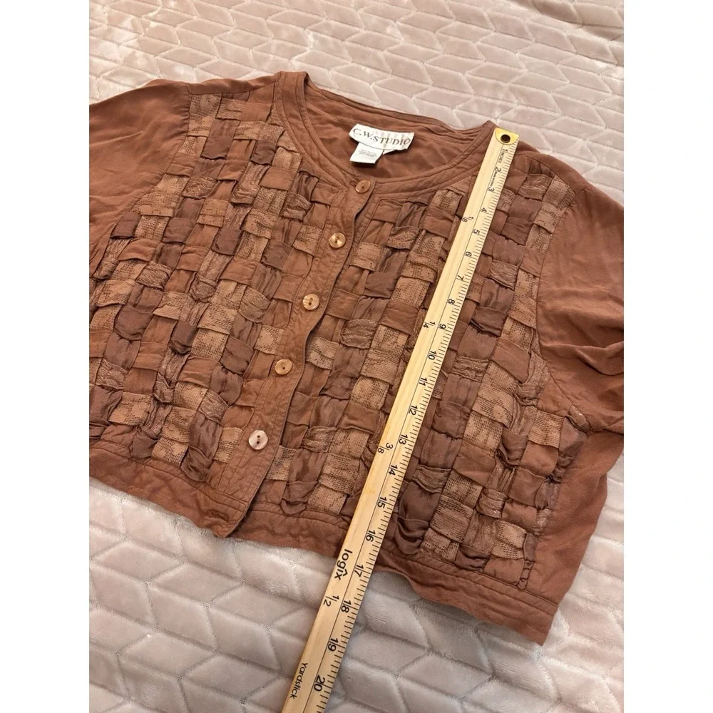 Whimsigoth Boho Smocked Crop Top Rust Brown Basketweave Shirt Y2K Style Women L - Picture 13 of 14